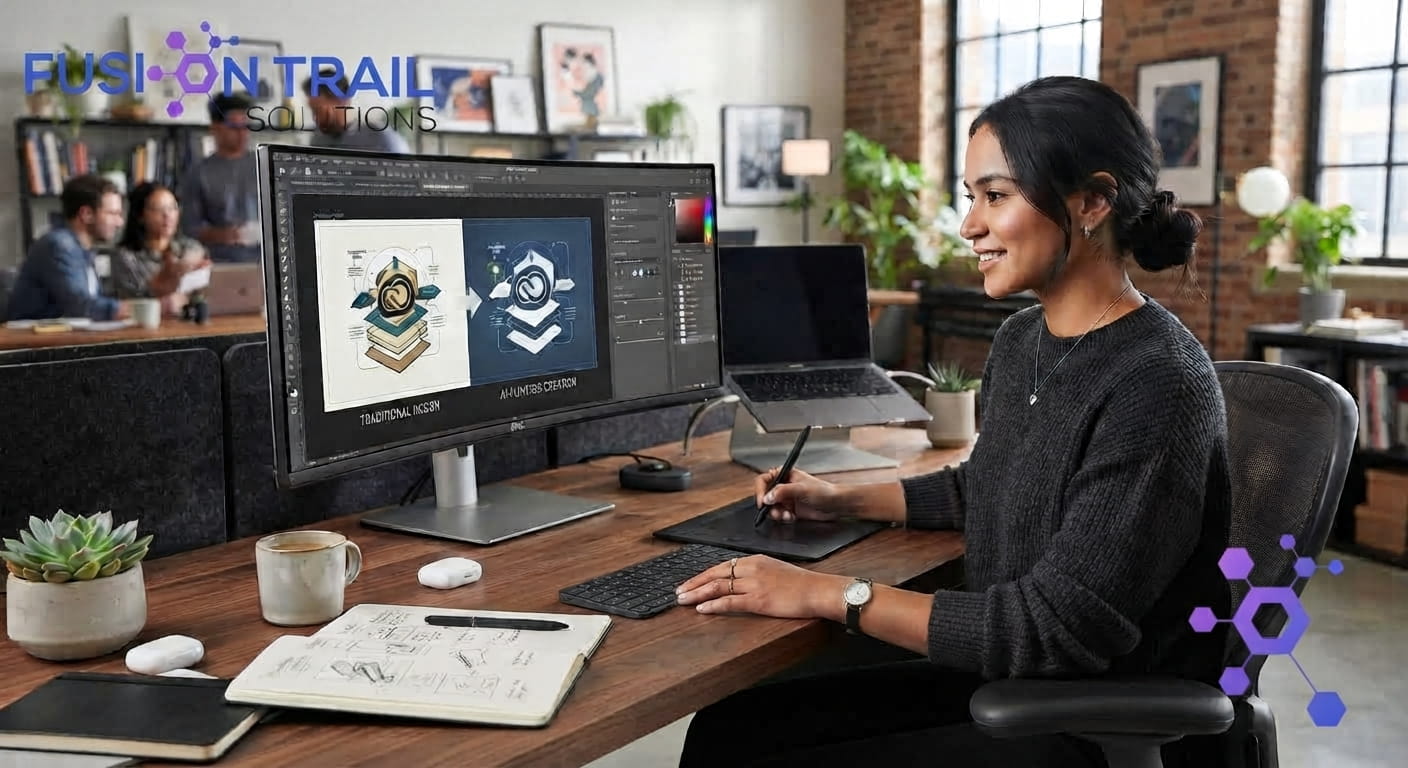 Graphic designer working with modern AI-powered design tools